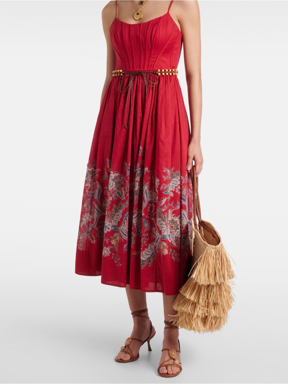 Zimmermann Red Midi Dress with Beaded Waist